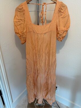 Tela Peach Silk Cotton Blend Midi Dress with Puff Sleeves XS